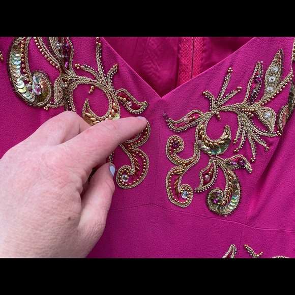 Isabelle Allard Paris Magenta Dress Gold Bead Botanical Paisley Applique - Picture 5 of 11